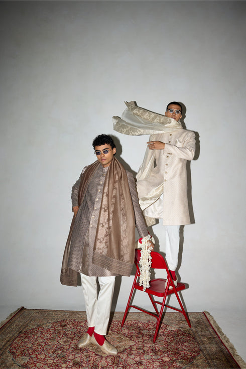 Neo Classic Achkan Set with Embroidered Stole