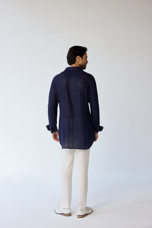 RTW-Chessboard Bandhgala with Shirt Collar Kurta Set