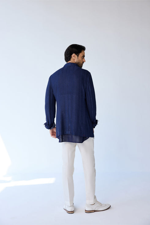 RTW-Chessboard Bandhgala with Shirt Collar Kurta Set