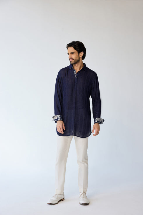 RTW-Chessboard Bandhgala with Shirt Collar Kurta Set