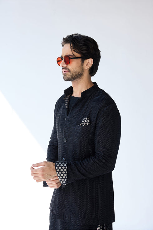 RTW-Chessboard Bandhgala Boat Neck Kurta Set