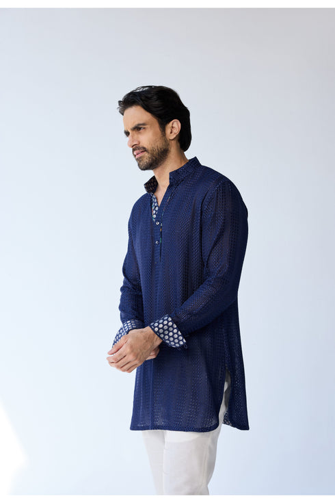 RTW-Chessboard Short Open Achkan with Henly Collar Kurta Set