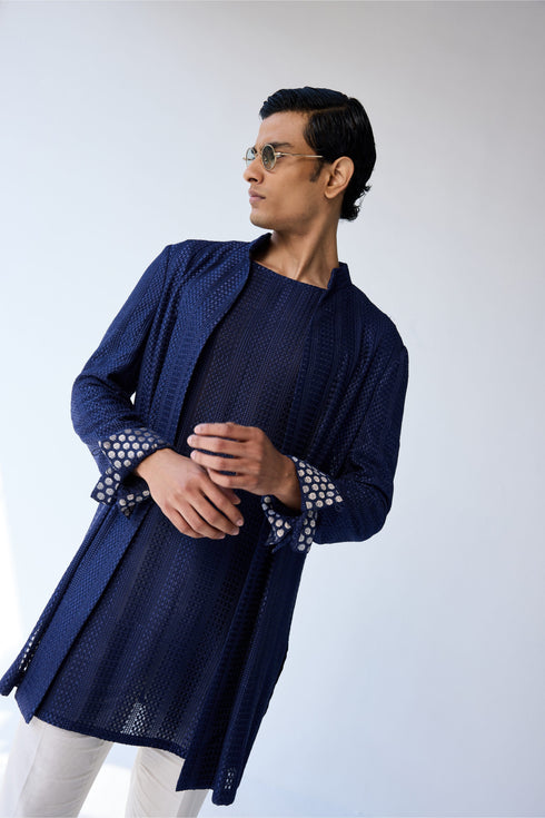RTW-Chessboard Short Open Achkan with Boat Neck Kurta Set