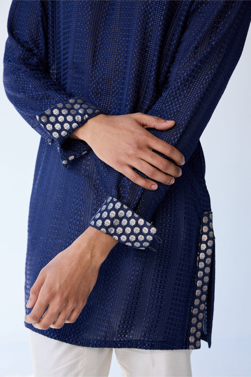 RTW-Chessboard Short Open Achkan with Boat Neck Kurta Set