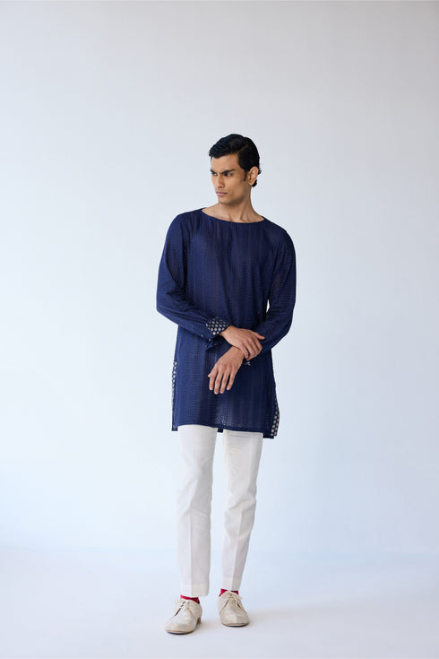 RTW-Chessboard Short Open Achkan with Boat Neck Kurta Set