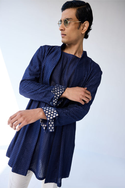RTW-Chessboard Short Open Achkan with Boat Neck Kurta Set