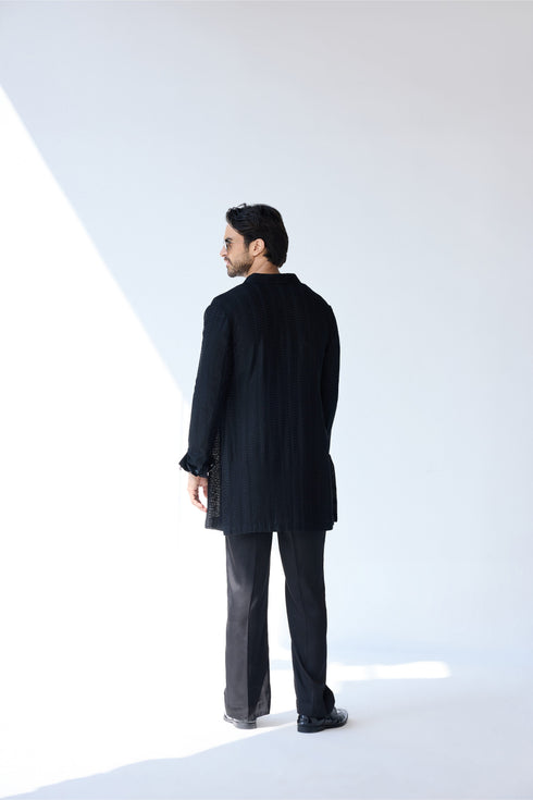 RTW-Chessboard Short Open Achkan with Boat Neck Kurta Set