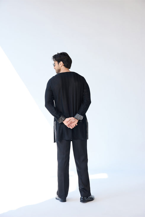RTW-Chessboard Short Open Achkan with Boat Neck Kurta Set