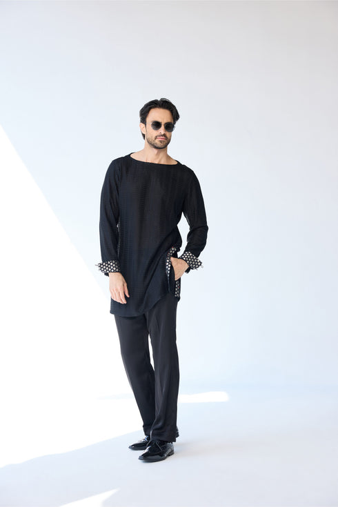 RTW-Chessboard Short Open Achkan with Boat Neck Kurta Set