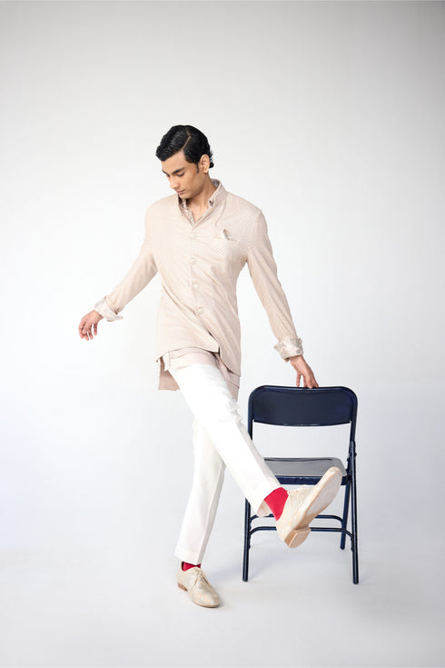 RTW-Squares Bandhgala with Shirt Collar Kurta Set
