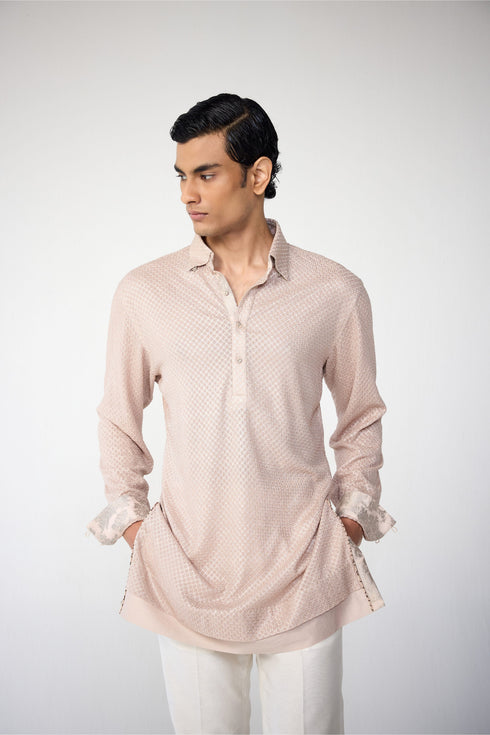 RTW-Squares Bandhgala with Shirt Collar Kurta Set