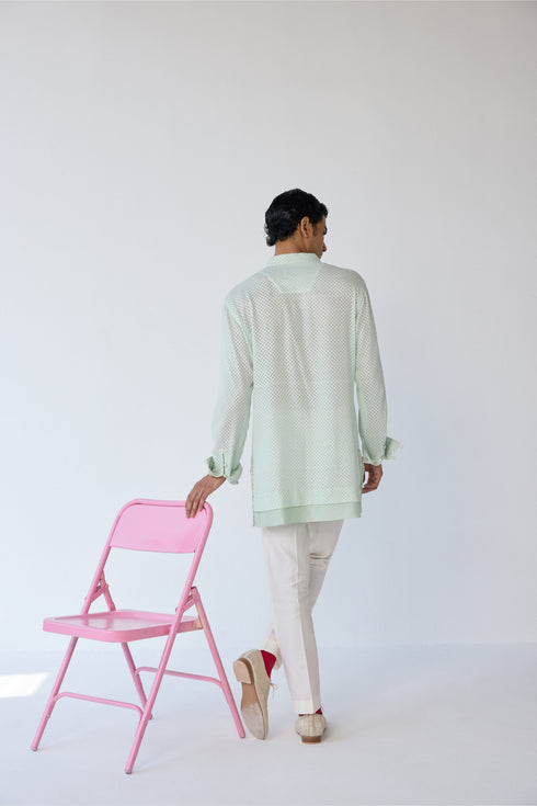 RTW-Chessboard Open Short Achkan with Henly Collar Kurta Set