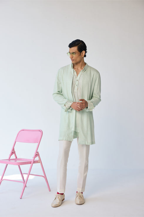 RTW-Chessboard Open Short Achkan with Henly Collar Kurta Set