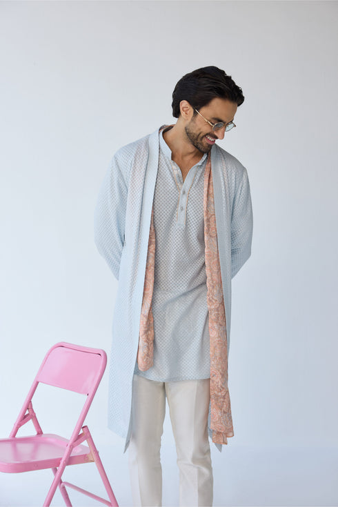 RTW-Chessboard Open Short Achkan with Henly Collar Kurta Set