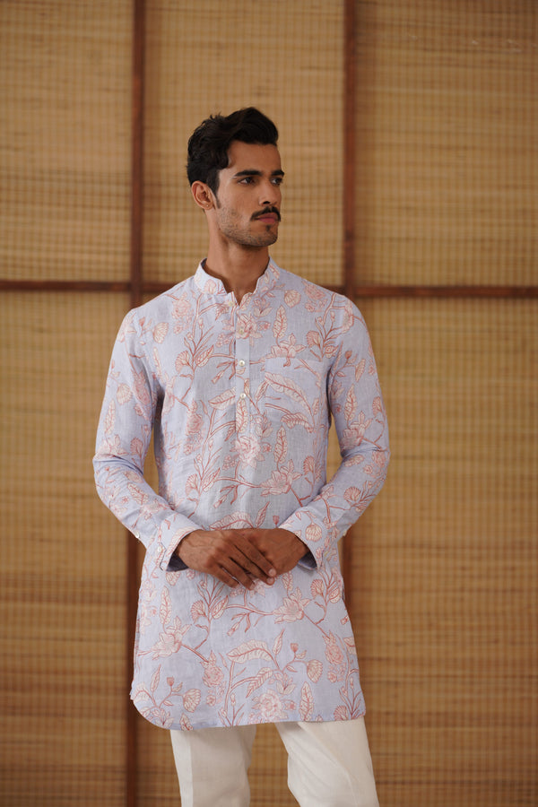 Soft Blue floral linen printed short kurta set