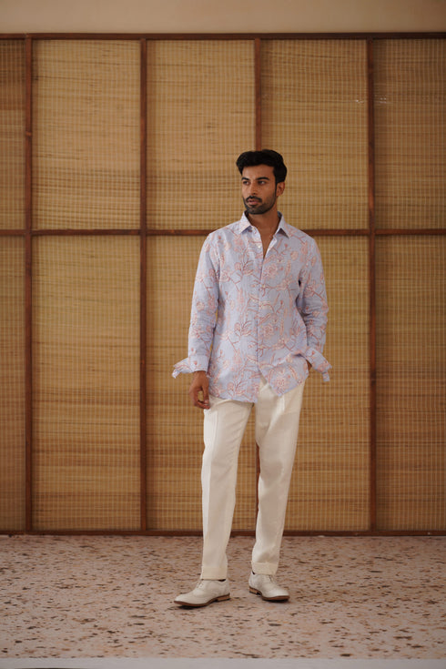 Soft blue floral printed linen shirt set
