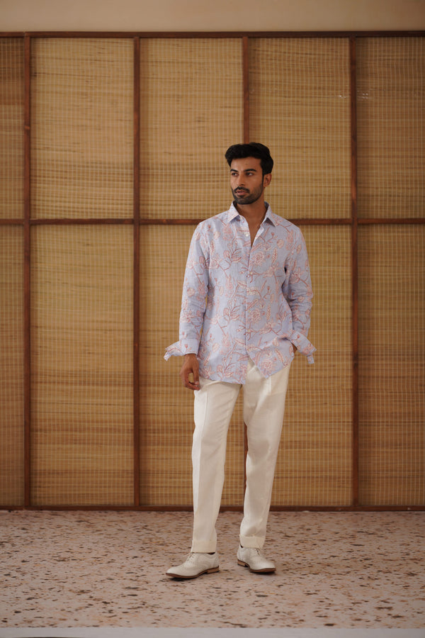 Soft blue floral printed linen shirt set