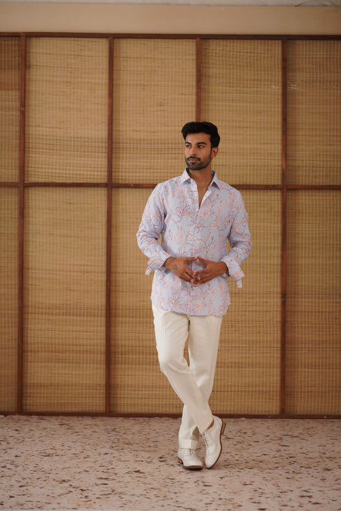 Soft blue floral printed linen shirt set