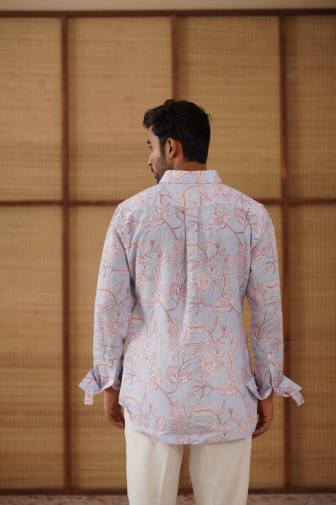 Soft blue floral printed linen shirt set