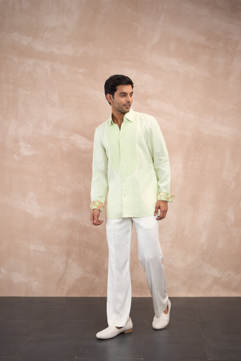 Linen Pletaed Yoke Shirt Set