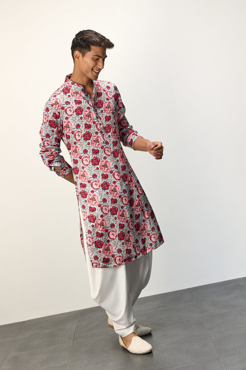 Turquoise Peonies Kurta Set