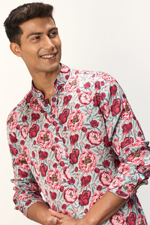 Turquoise Peonies Kurta Set