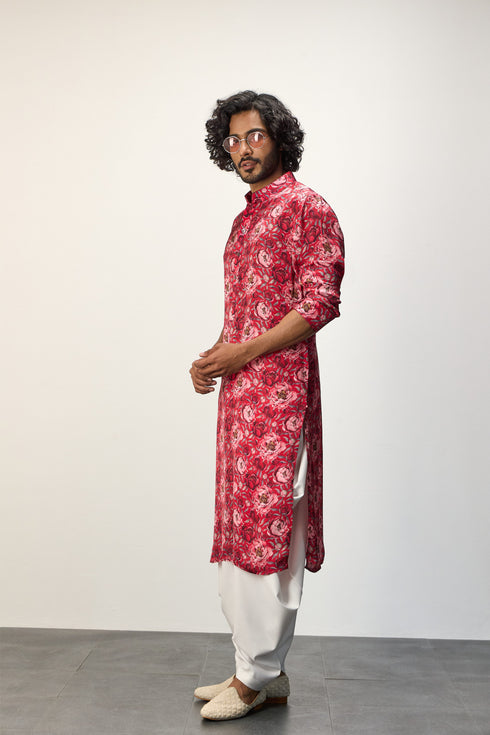 Red Peonies Kurta Set