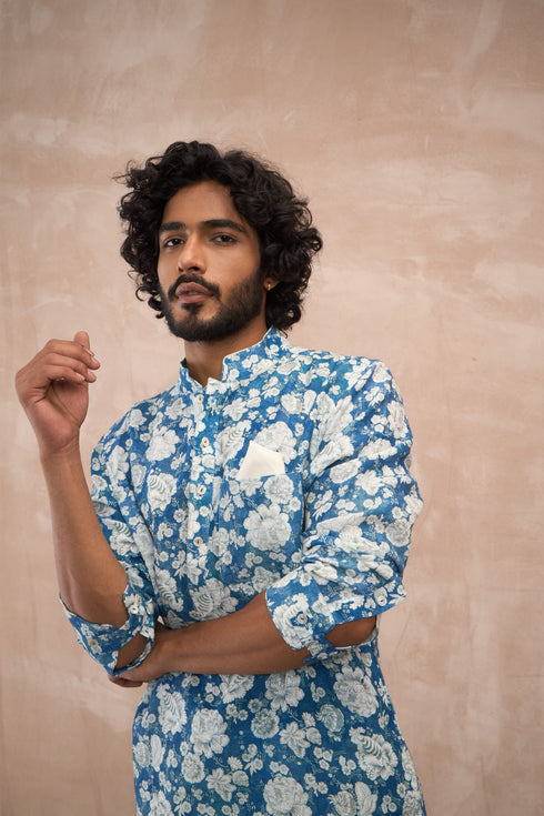 Cobalt Blue Linen Kurta Set