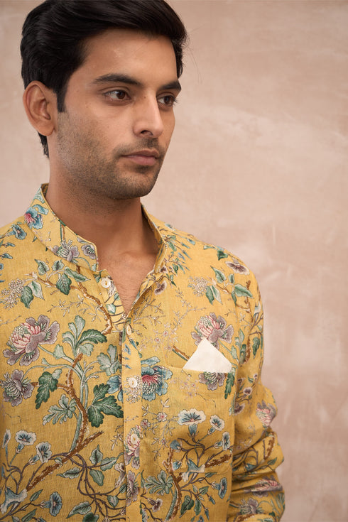 Mustard Big Flower Linen Kurta Set