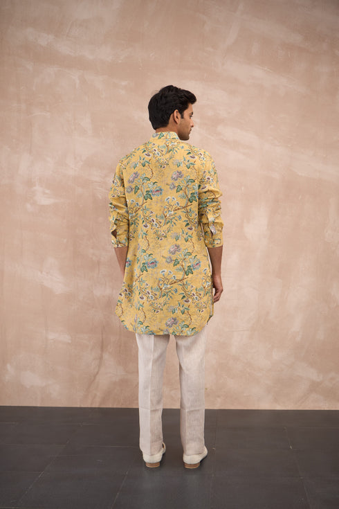 Mustard Big Flower Linen Kurta Set