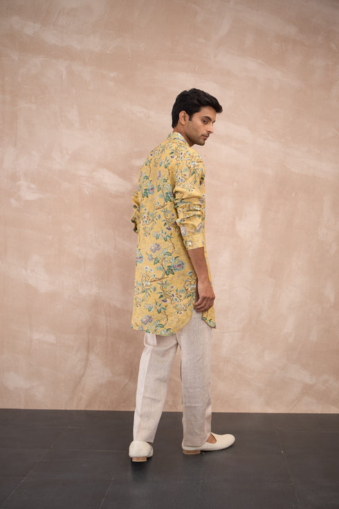 Mustard Big Flower Linen Kurta Set