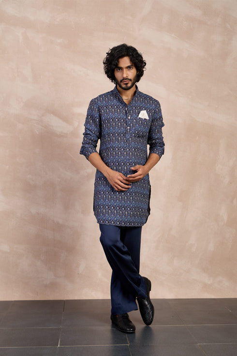 Navy Ajrak Linen Kurta Set