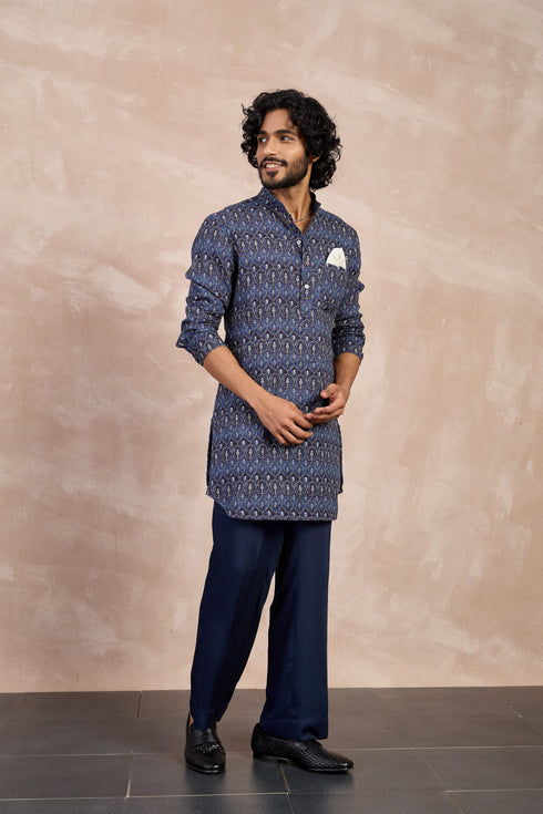 Navy Ajrak Linen Kurta Set