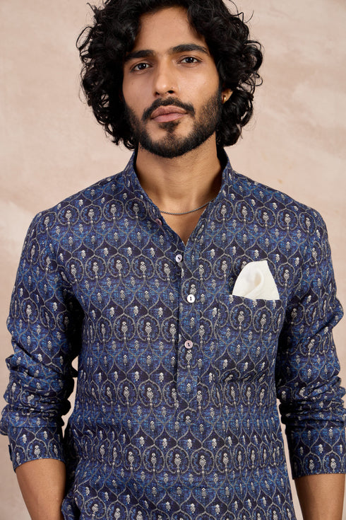 Navy Ajrak Linen Kurta Set
