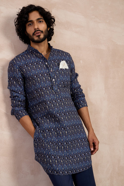 Navy Ajrak Linen Kurta Set