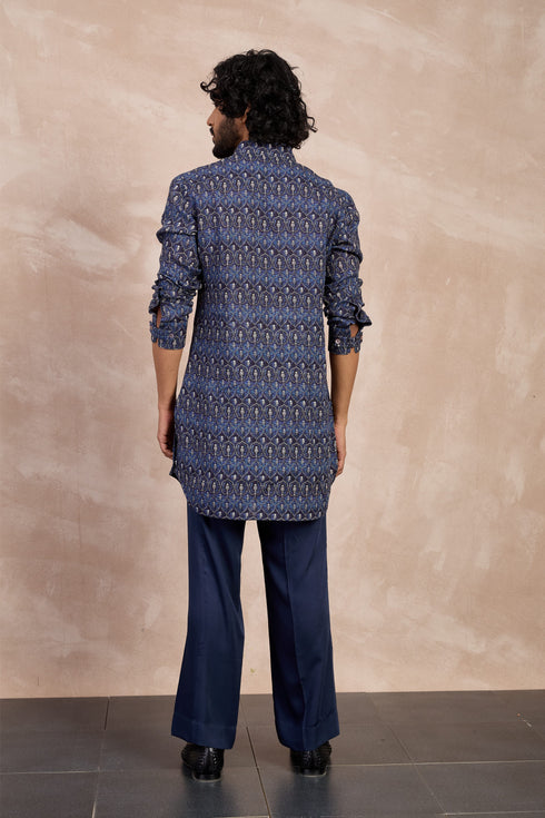 Navy Ajrak Linen Kurta Set