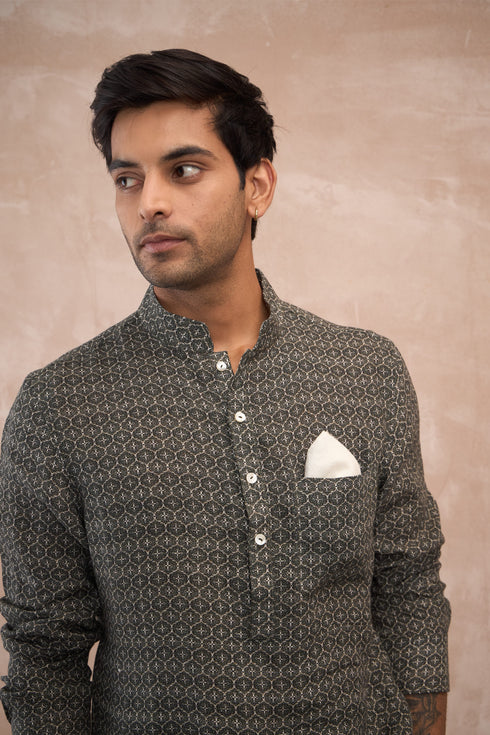 Olive Honeycomb Linen Kurta Set