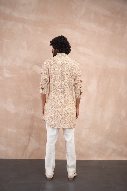Off White Delicate Flower Linen Kurta Set