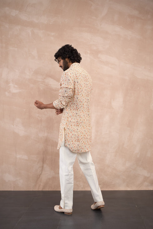 Off White Delicate Flower Linen Kurta Set