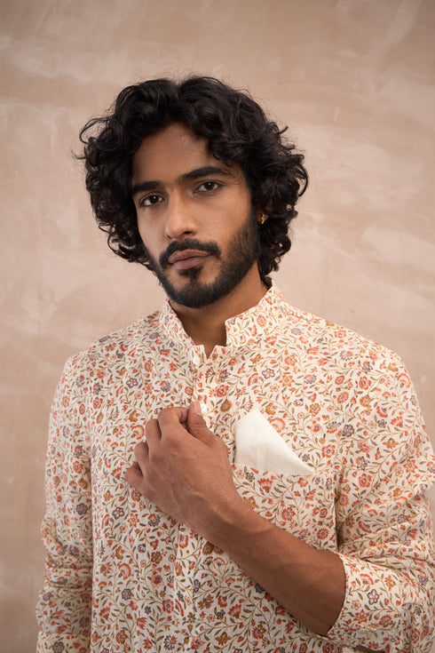 Off White Delicate Flower Linen Kurta Set