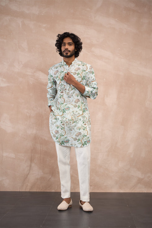 Powder Blue Big Flower Linen Kurta Set