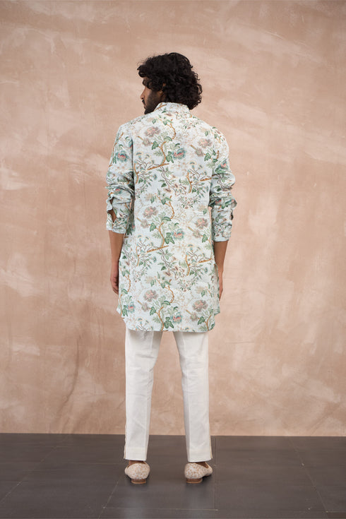 Powder Blue Big Flower Linen Kurta Set
