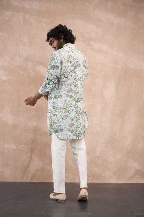Powder Blue Big Flower Linen Kurta Set