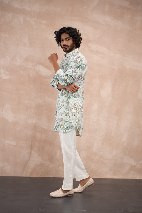 Powder Blue Big Flower Linen Kurta Set