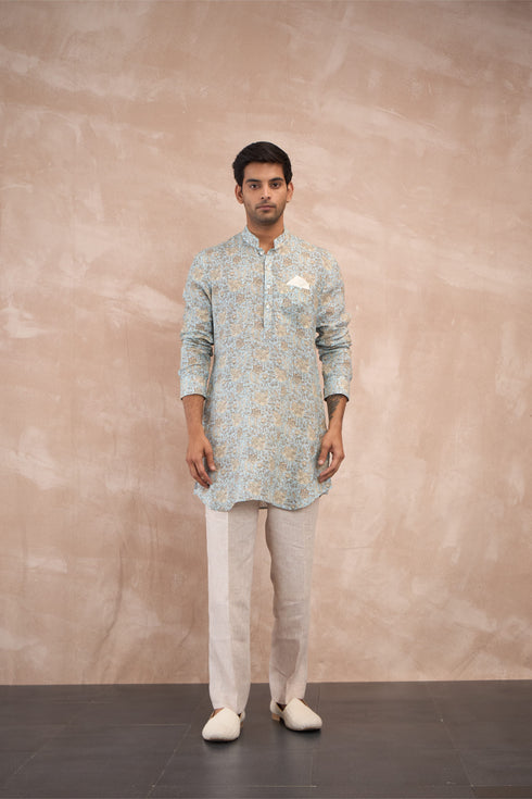 Powder Blue Sunflower Linen Kurta Set