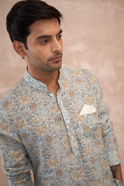 Powder Blue Sunflower Linen Kurta Set