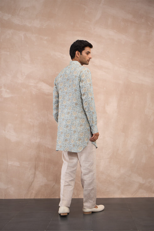 Powder Blue Sunflower Linen Kurta Set