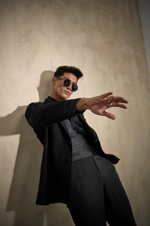 Dori Half Moon Blazer Set with Kamarband & Bow-tie