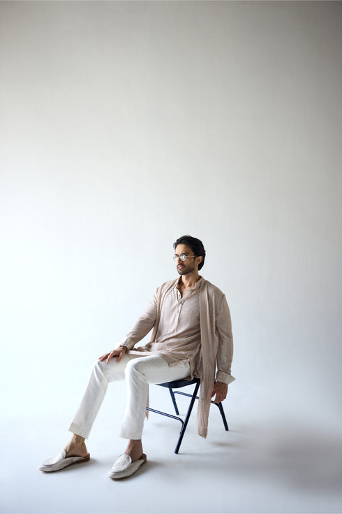 RTW-Chessbaord Shrug with Henly collar Kurta Set