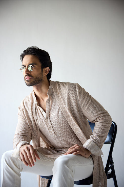 RTW-Chessbaord Shrug with Henly collar Kurta Set